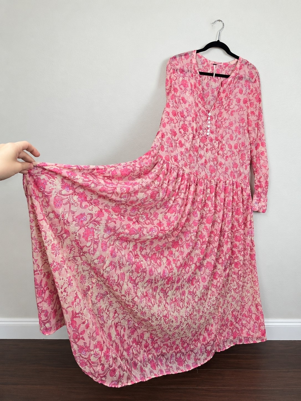 Free People See It Through Maxi Dress Pink Rose Floral Sheer Boho Romantic Large